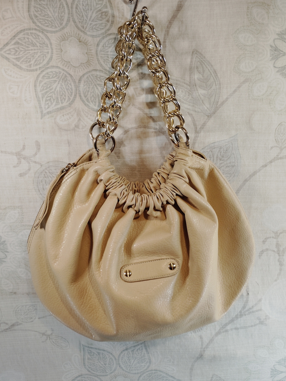 Neutral Gathered Leather Look Shoulder Bag with Gold Tone Chain Handles
